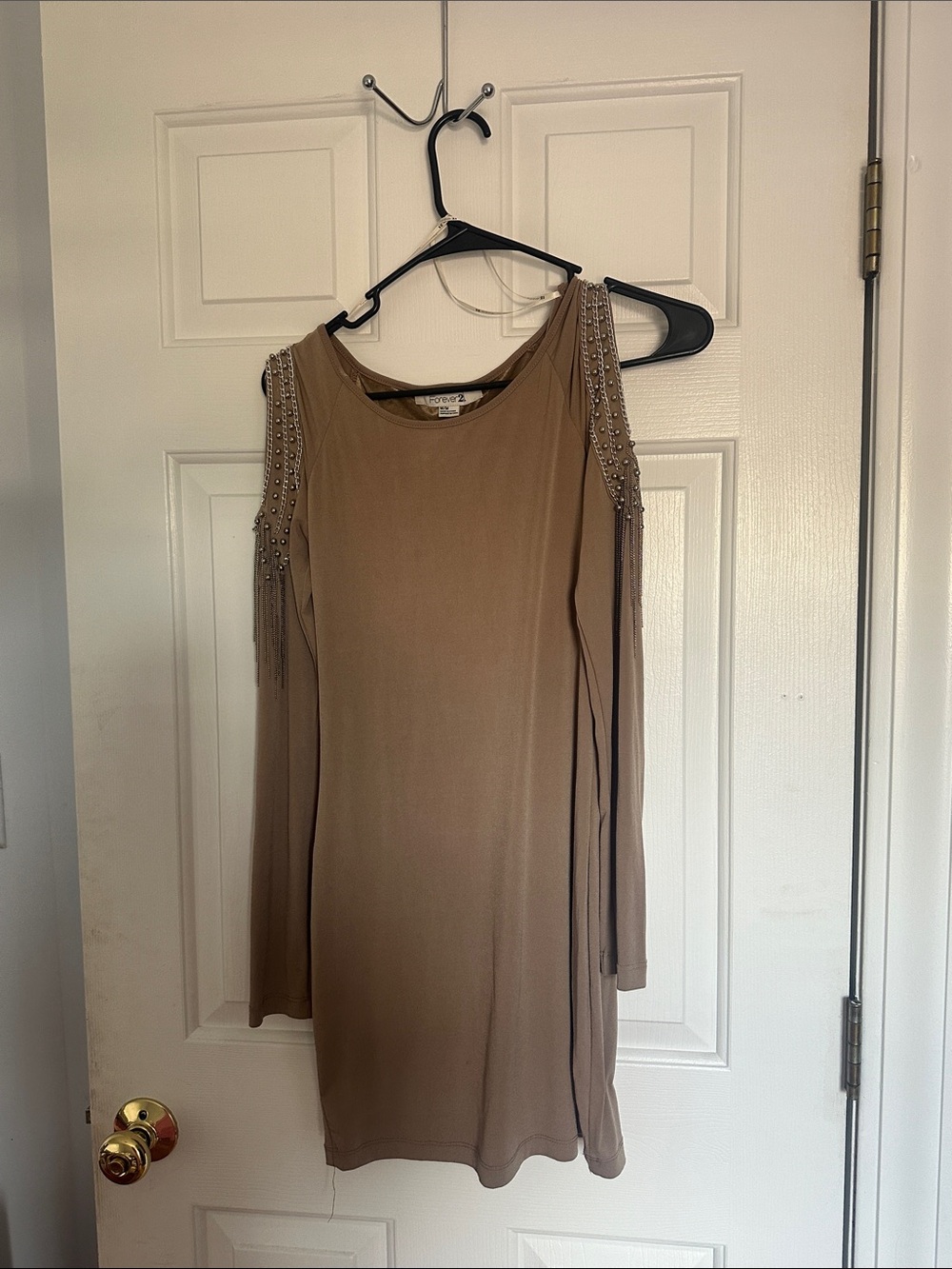 Forever 21 Taupe Cold-Shoulder Long Sleeve Dress with Beaded Fringe